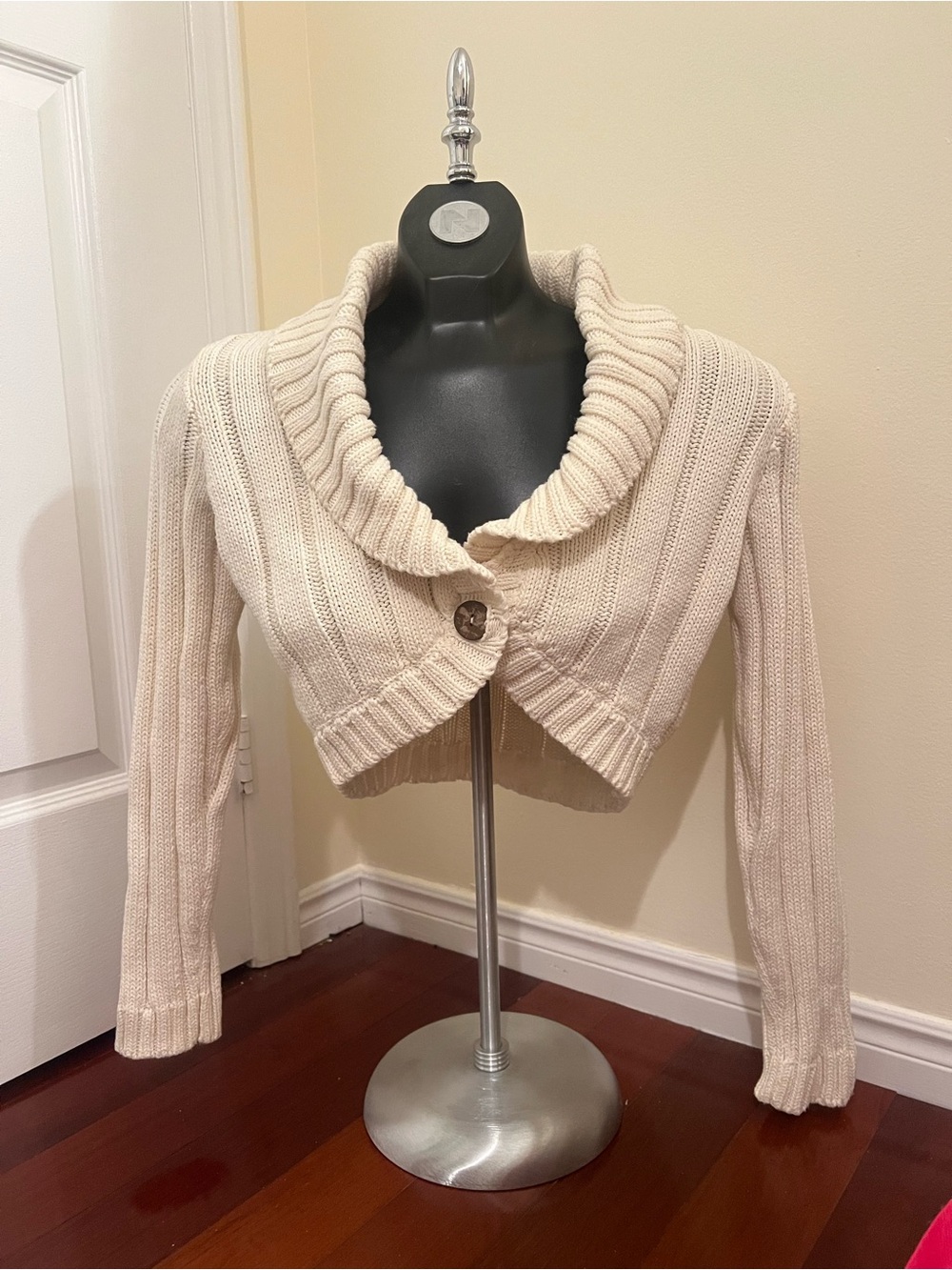 Kimchi Blue Cream Ribbed Cropped Cardigan with Shawl Collar